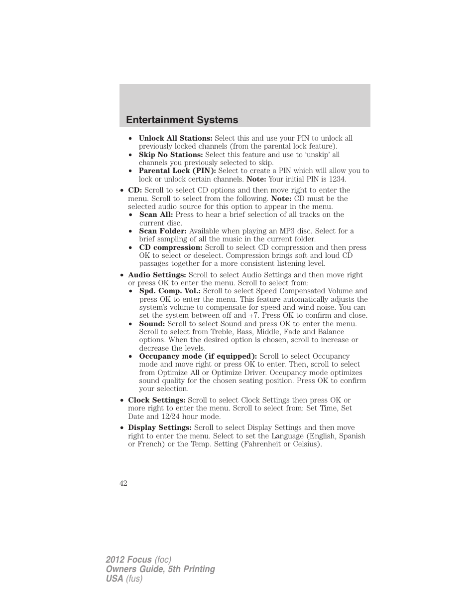 Entertainment systems | FORD 2012 Focus v.5 User Manual | Page 42 / 407