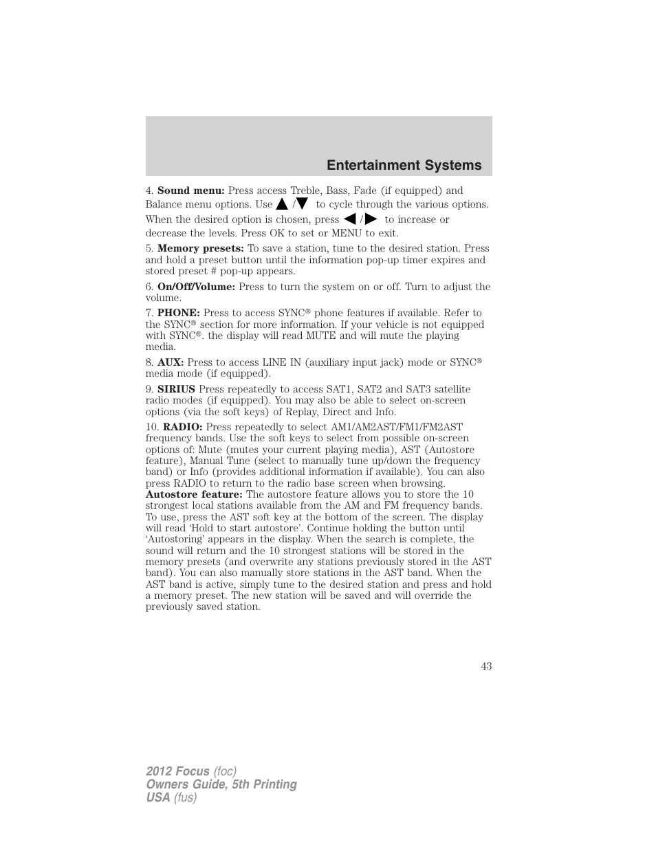 Entertainment systems | FORD 2012 Focus v.5 User Manual | Page 43 / 407