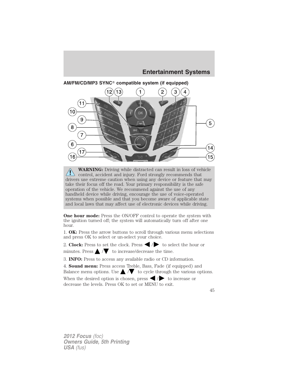 Am/fm/cd/mp3 sync? compatible system (if equipped), Entertainment systems | FORD 2012 Focus v.5 User Manual | Page 45 / 407