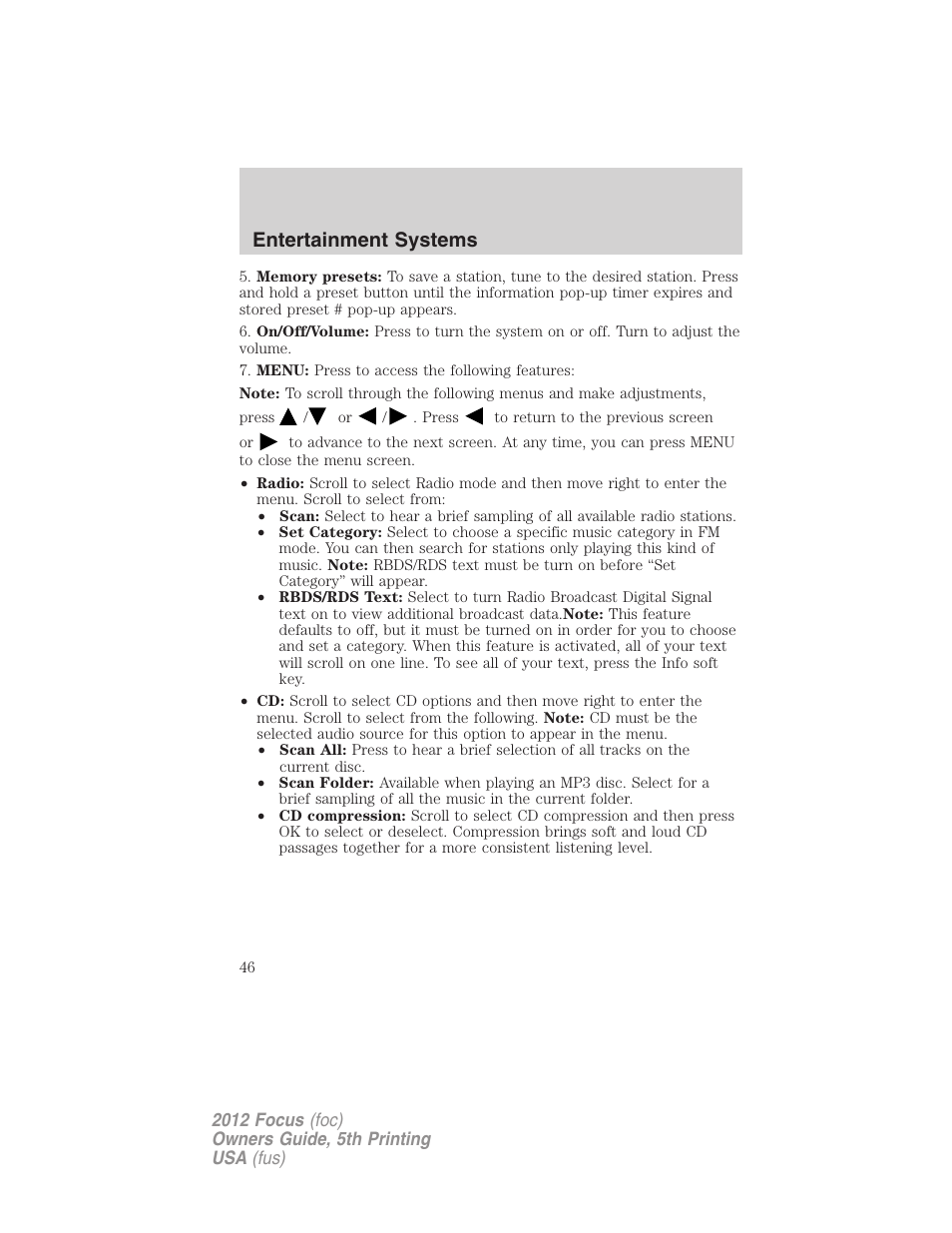 Entertainment systems | FORD 2012 Focus v.5 User Manual | Page 46 / 407