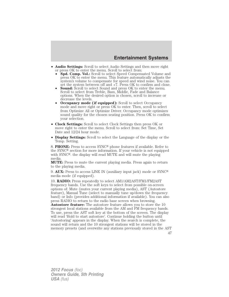Entertainment systems | FORD 2012 Focus v.5 User Manual | Page 47 / 407