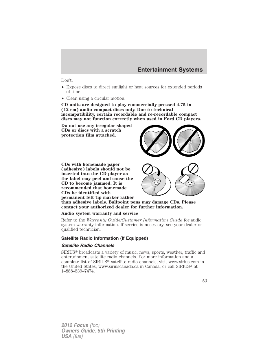 Satellite radio information (if equipped), Satellite radio channels, Satellite radio information | Entertainment systems | FORD 2012 Focus v.5 User Manual | Page 53 / 407