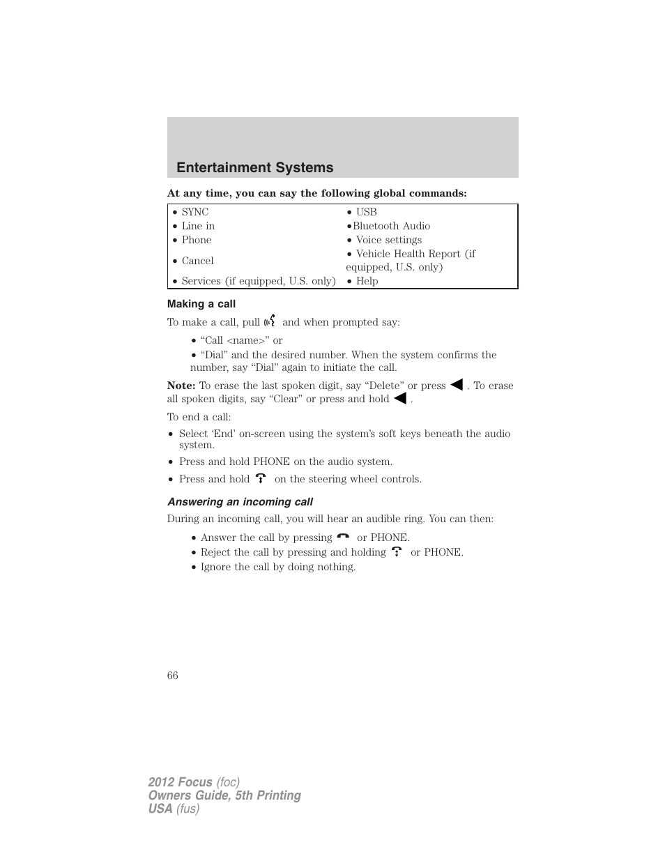 Making a call, Answering an incoming call, Entertainment systems | FORD 2012 Focus v.5 User Manual | Page 66 / 407