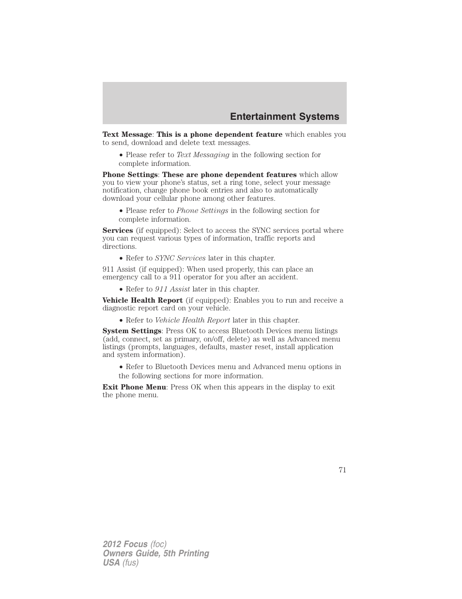 Entertainment systems | FORD 2012 Focus v.5 User Manual | Page 71 / 407