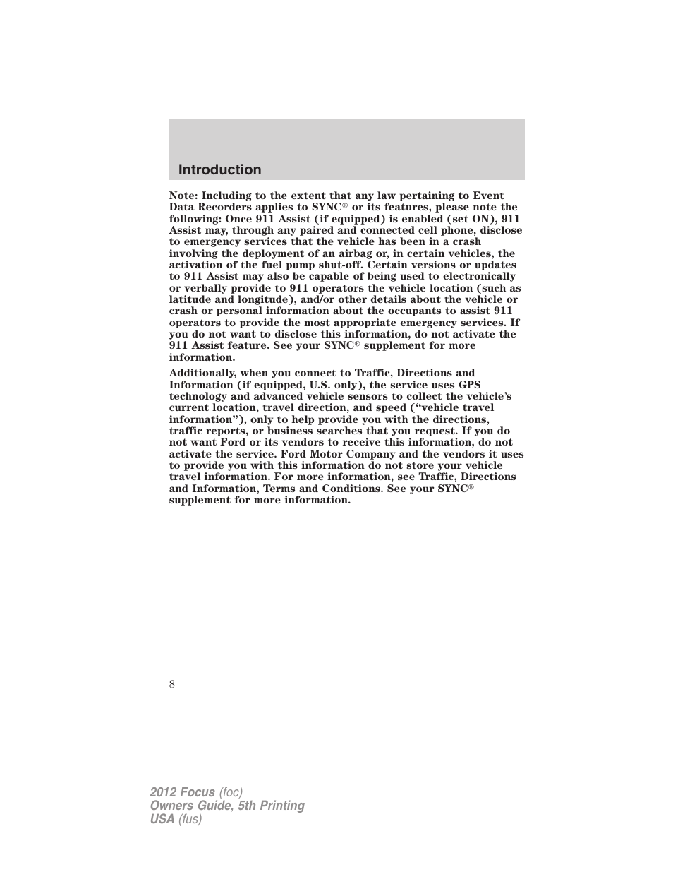 Introduction | FORD 2012 Focus v.5 User Manual | Page 8 / 407