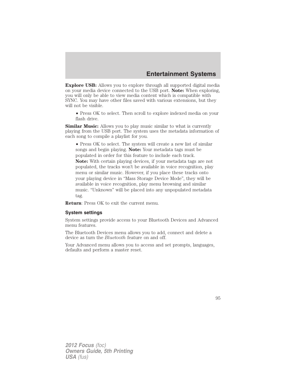 System settings, Entertainment systems | FORD 2012 Focus v.5 User Manual | Page 95 / 407