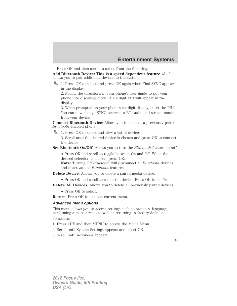 Advanced menu options, Entertainment systems | FORD 2012 Focus v.5 User Manual | Page 97 / 407