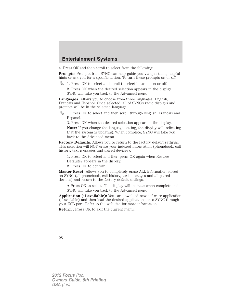Entertainment systems | FORD 2012 Focus v.5 User Manual | Page 98 / 407