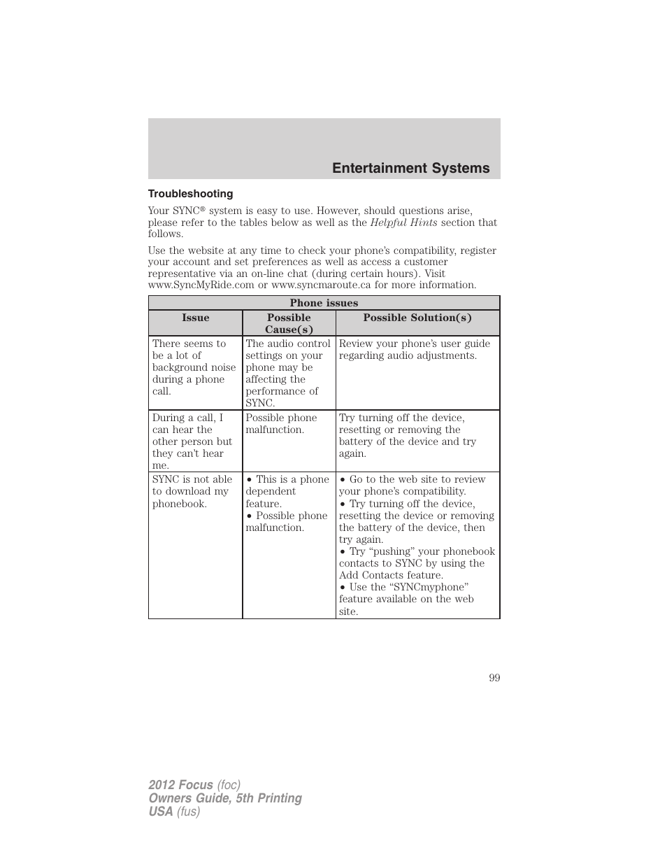 Troubleshooting, Entertainment systems | FORD 2012 Focus v.5 User Manual | Page 99 / 407