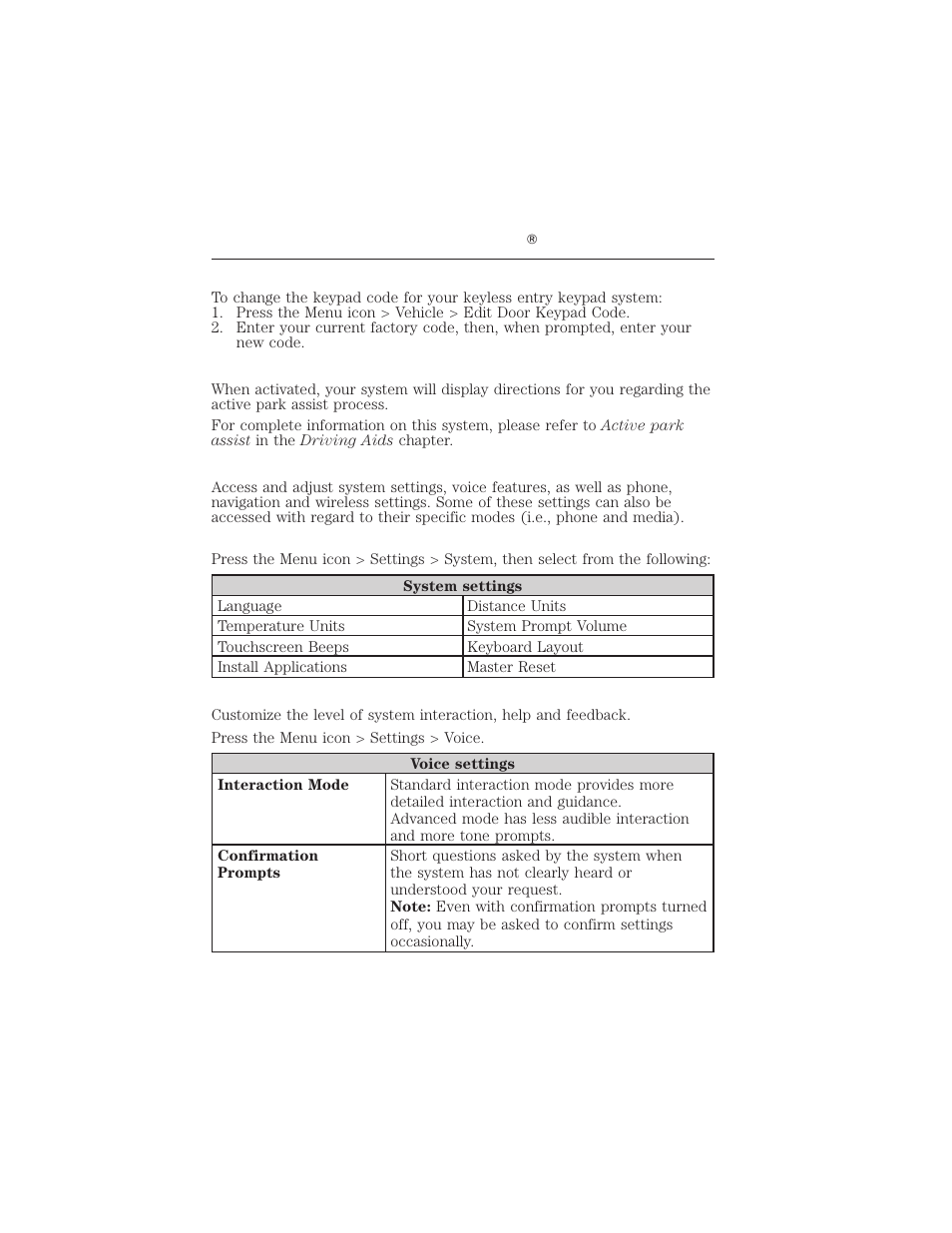 Changing your door keypad code (if equipped), Active park assist (if equipped), Settings | System settings, Voice settings, Myford touch ா 103 | FORD 2012 Focus Electric User Manual | Page 103 / 380