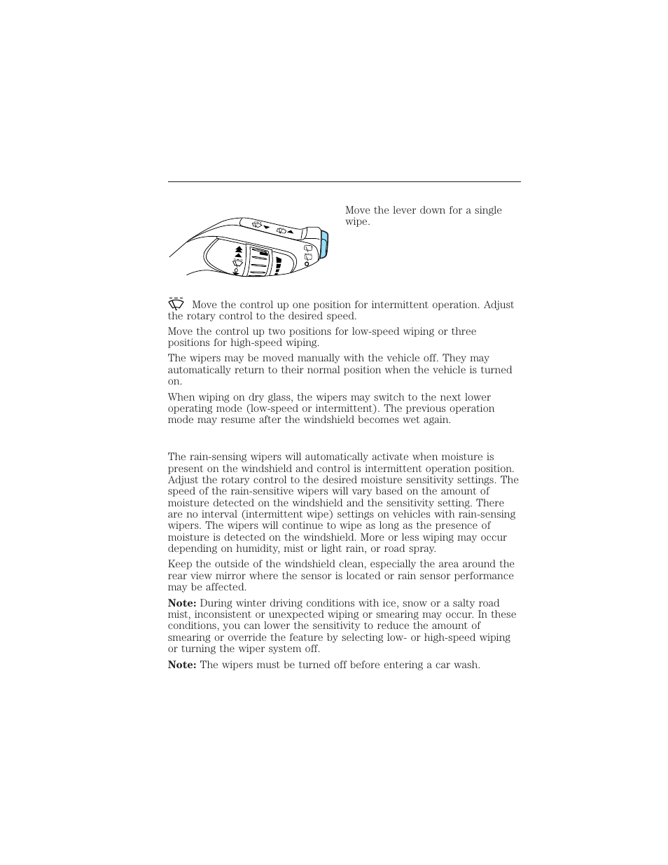 Driver controls, Windshield wipers, Rain-sensing wipers (if equipped) | Windshield wiper/washer control, 138 driver controls | FORD 2012 Focus Electric User Manual | Page 138 / 380