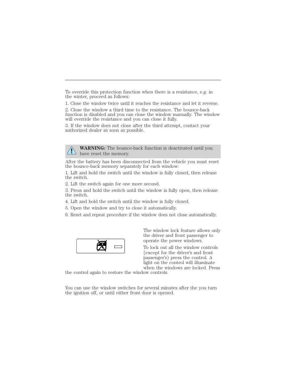 Overriding the bounce-back feature, Resetting the bounce-back feature, Window lock | Accessory delay (if equipped), Driver controls 143 | FORD 2012 Focus Electric User Manual | Page 143 / 380