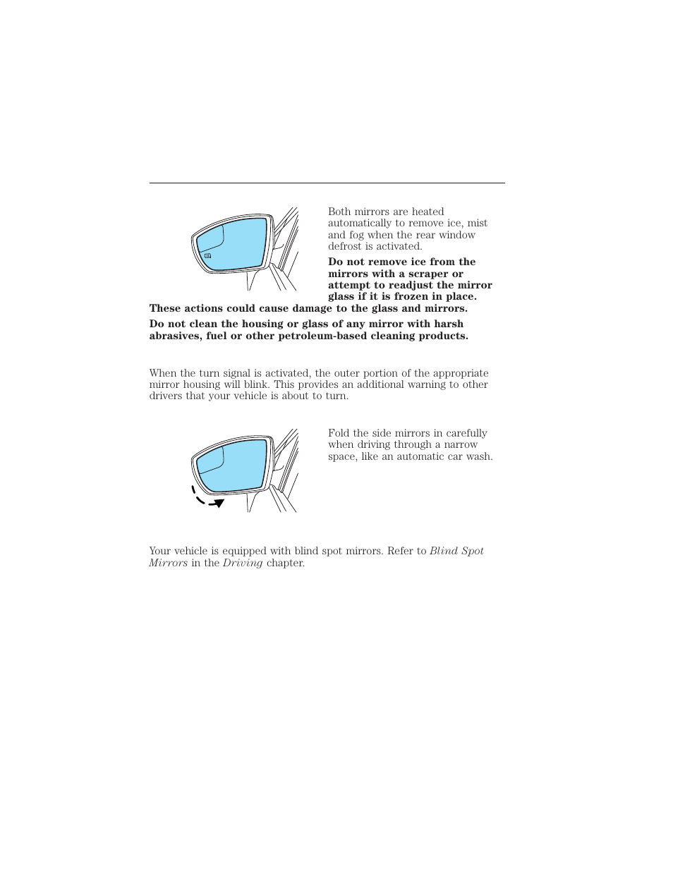 Heated outside mirrors, Signal indicator mirrors, Fold-away mirrors | Blind spot mirrors, Driver controls 145 | FORD 2012 Focus Electric User Manual | Page 145 / 380