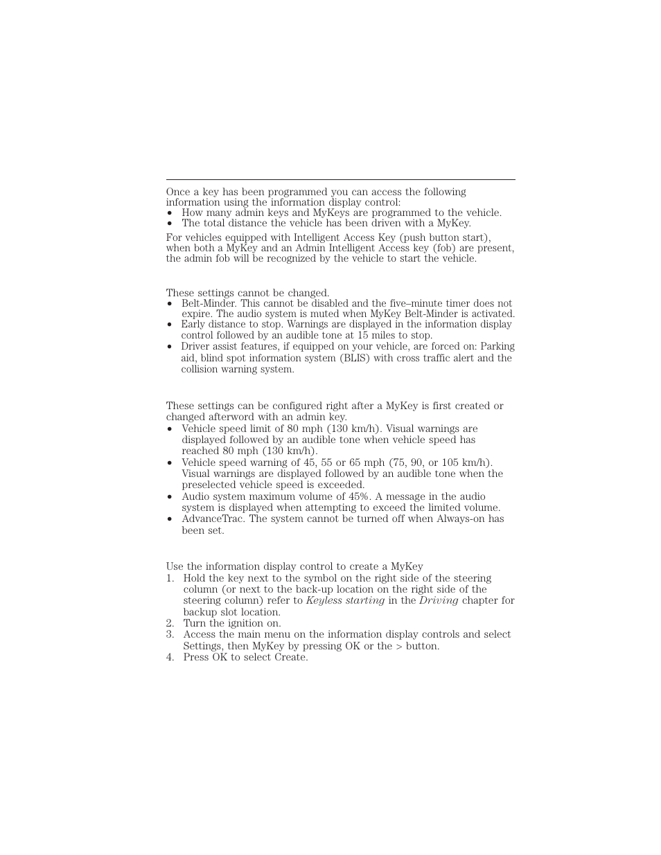 Standard settings, Optional settings, Creating a mykey | Settings, mykey, Creating, 156 locks and security | FORD 2012 Focus Electric User Manual | Page 156 / 380