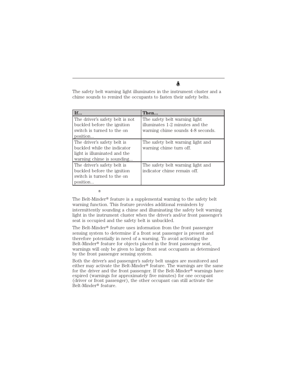 Safety belt warning light and indicator chime, Conditions of operation, Belt-minder | 190 seating and safety restraints | FORD 2012 Focus Electric User Manual | Page 190 / 380
