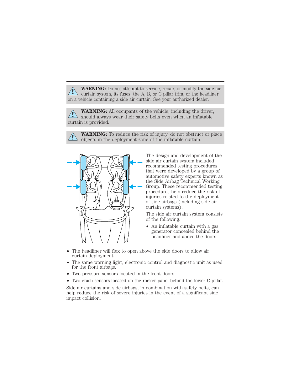 How does the side air curtain system work, Seating and safety restraints 205 | FORD 2012 Focus Electric User Manual | Page 205 / 380