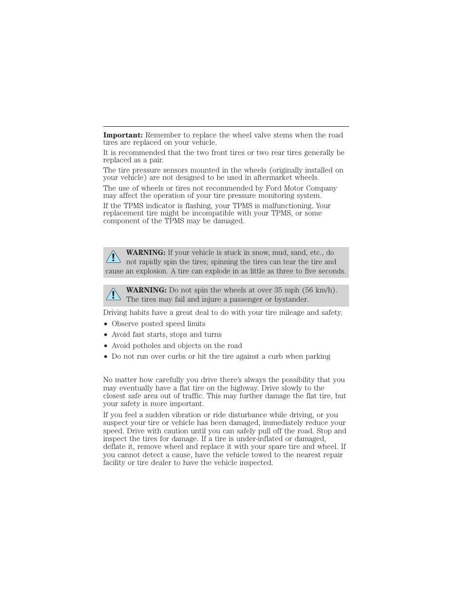 Safety practices, Highway hazards, Tires, wheels and loading 233 | FORD 2012 Focus Electric User Manual | Page 233 / 380