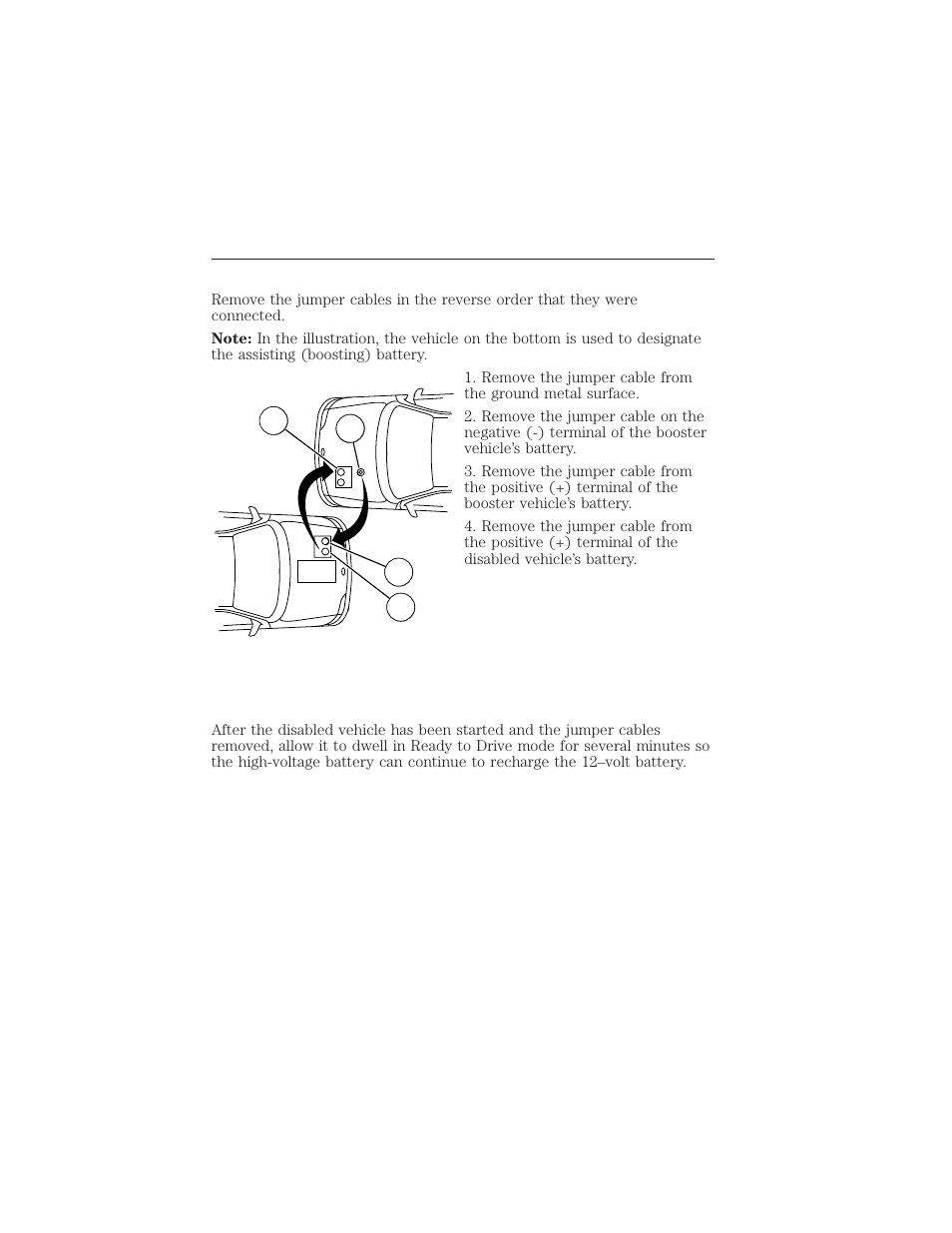 Removing the jumper cables, Roadside emergencies 301 | FORD 2012 Focus Electric User Manual | Page 301 / 380