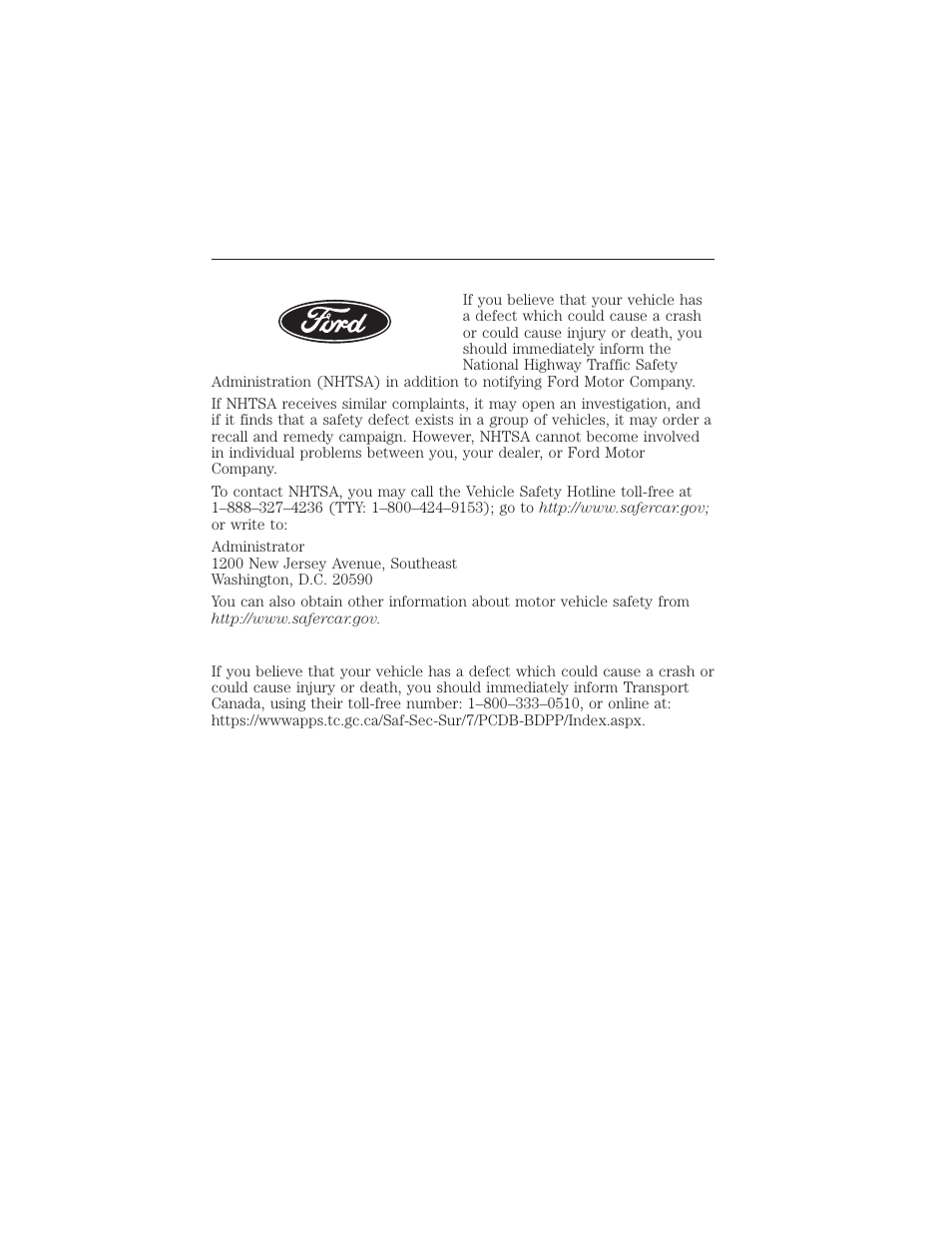 Reporting safety defects (u.s. only), Reporting safety defects (canada only), Customer assistance 311 | FORD 2012 Focus Electric User Manual | Page 311 / 380