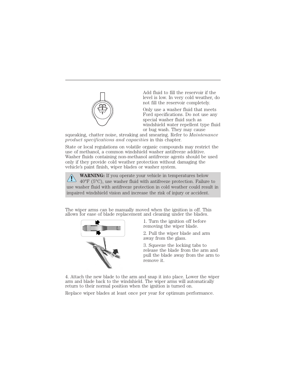 Windshield washer fluid, Changing the wiper blades, Maintenance and specifications 321 | FORD 2012 Focus Electric User Manual | Page 321 / 380