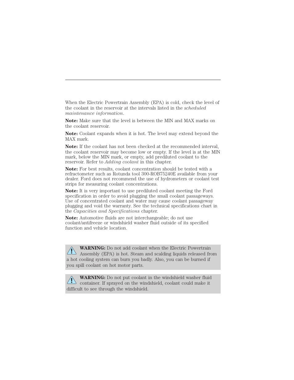 Coolant, Checking the coolant, Adding coolant | Motor/electronics coolant, Maintenance and specifications 331 | FORD 2012 Focus Electric User Manual | Page 331 / 380