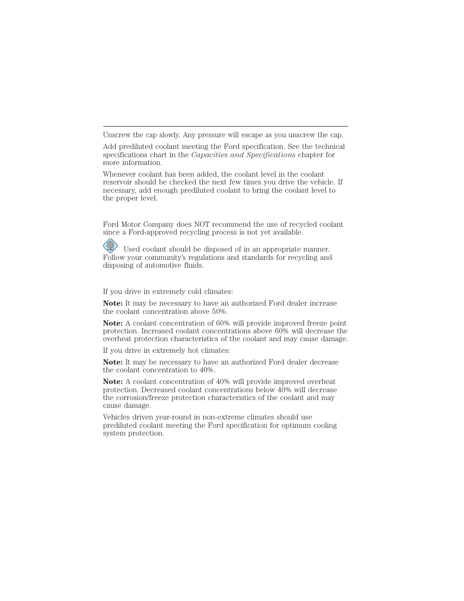 Recycled coolant, Severe climates, Maintenance and specifications 333 | FORD 2012 Focus Electric User Manual | Page 333 / 380