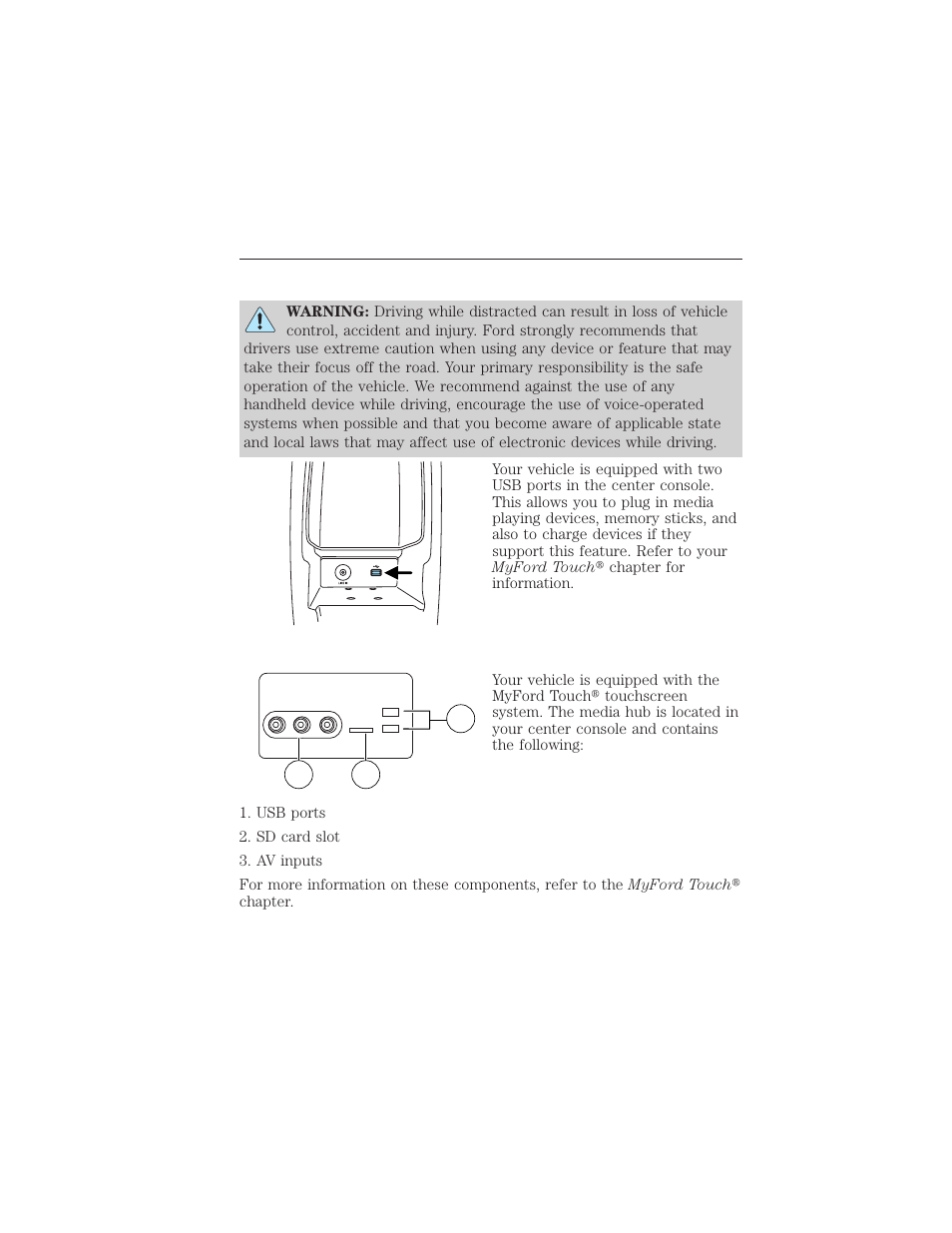 Usb port, Media hub, 42 entertainment systems | FORD 2012 Focus Electric User Manual | Page 42 / 380