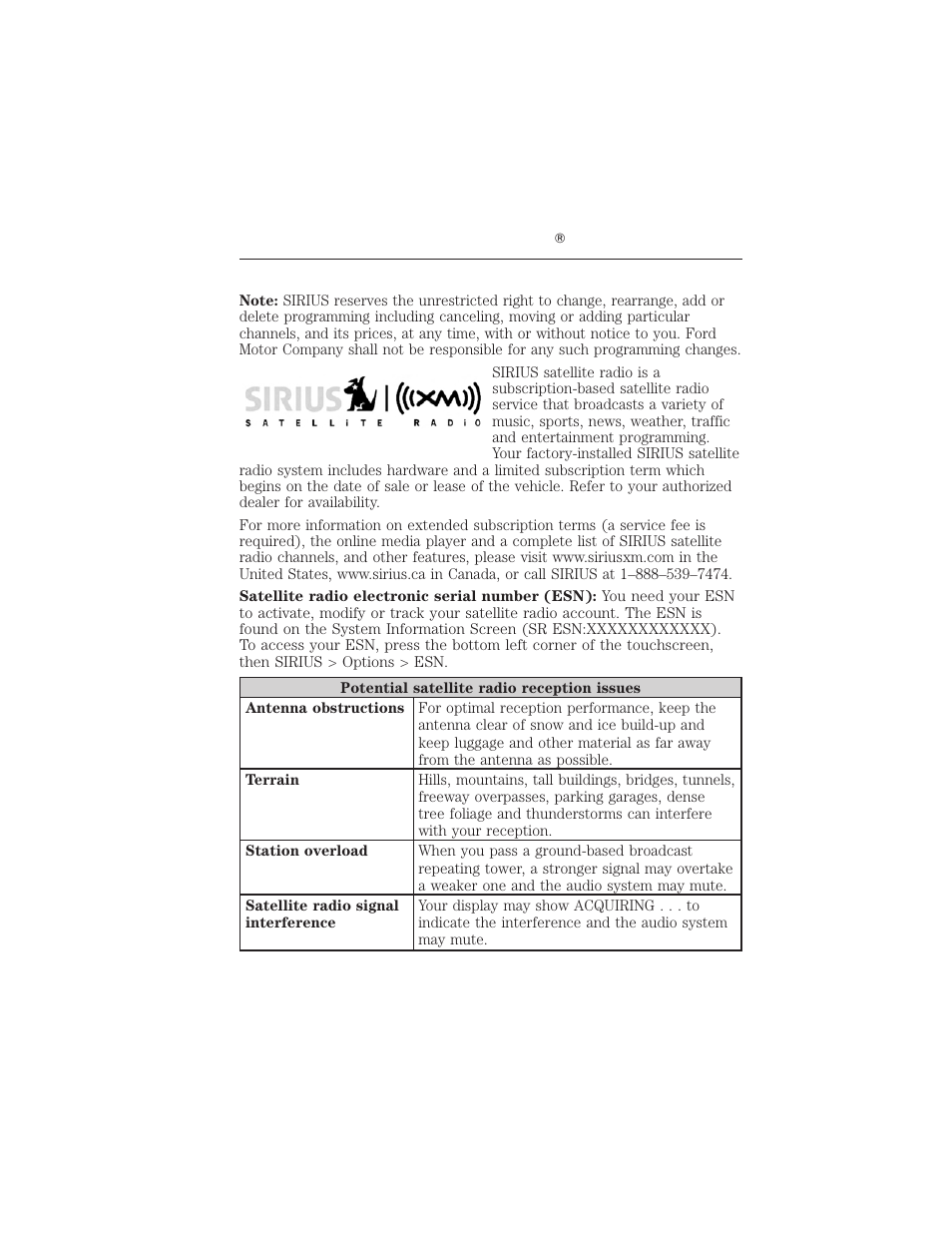 Sirius satellite radio information, 72 myford touch | FORD 2012 Focus Electric User Manual | Page 72 / 380