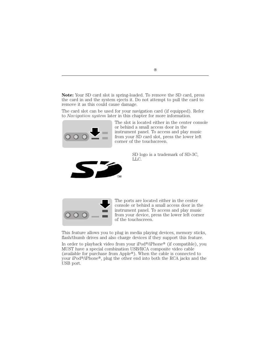 Sd card slot and usb port, Sd card slot, Usb port | Myford touch ா 75 | FORD 2012 Focus Electric User Manual | Page 75 / 380