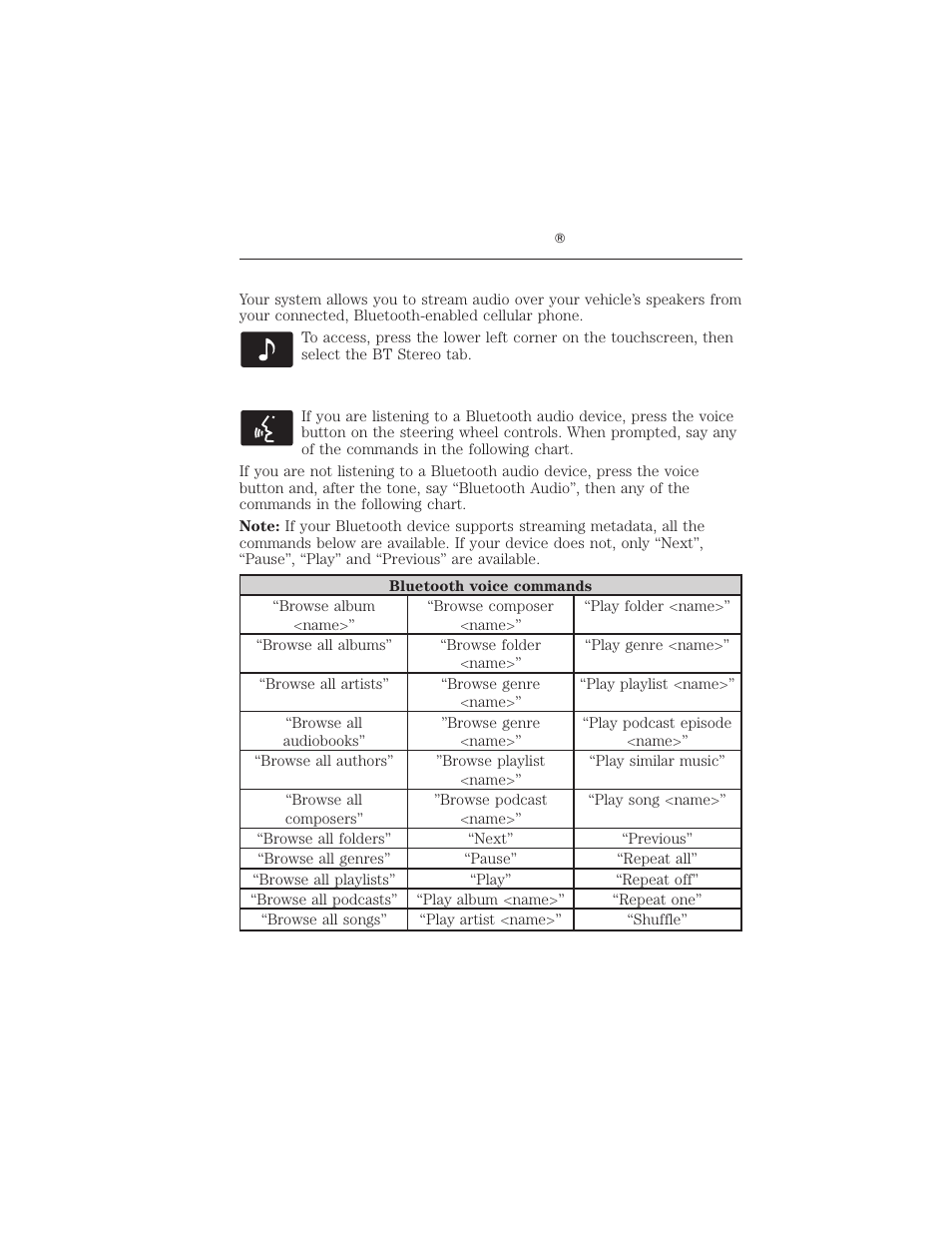 Bluetooth audio, Bluetooth audio voice commands, 80 myford touch | FORD 2012 Focus Electric User Manual | Page 80 / 380