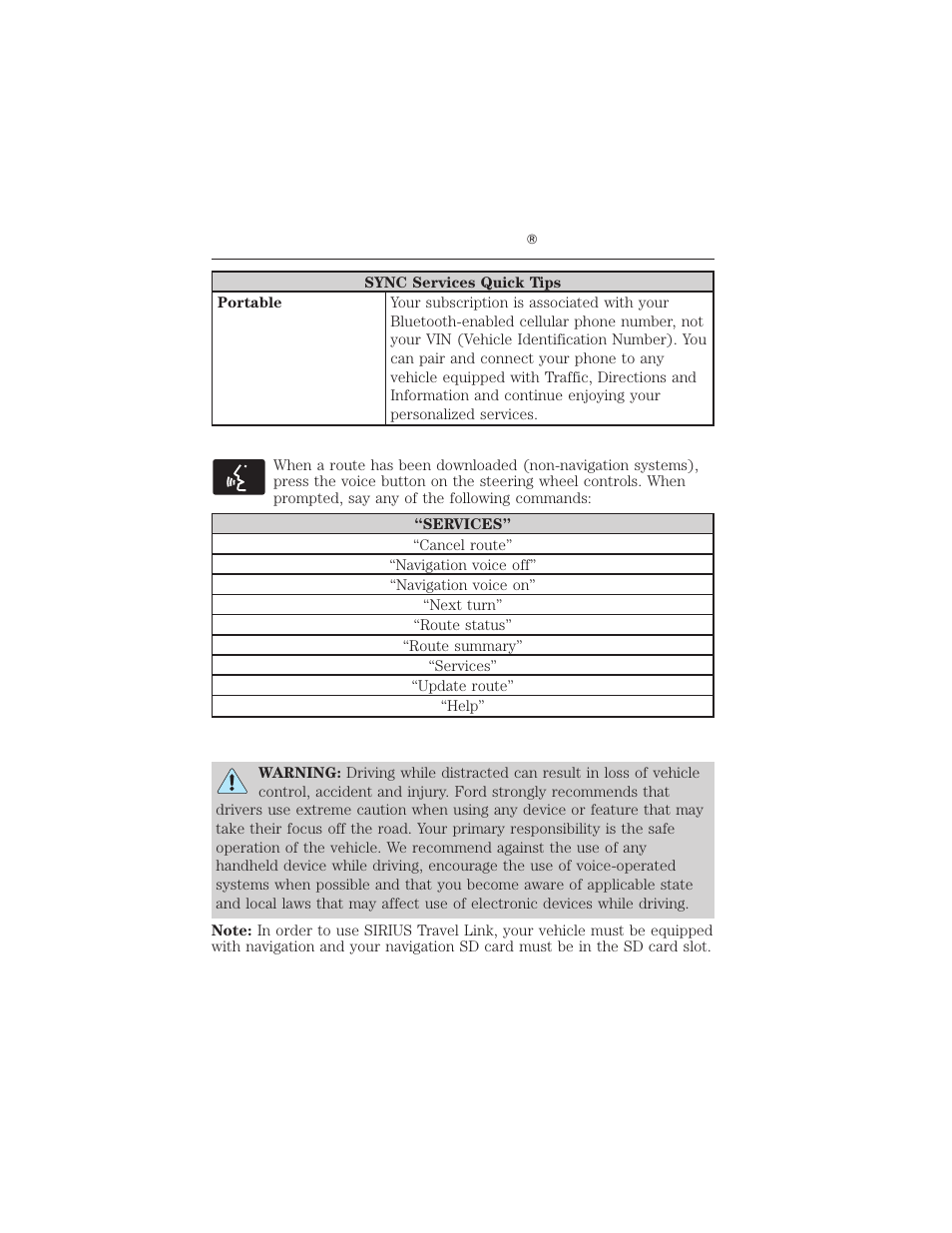 Sync services voice commands, Sirius travel link (if equipped and if activated), Myford touch ா 93 | FORD 2012 Focus Electric User Manual | Page 93 / 380