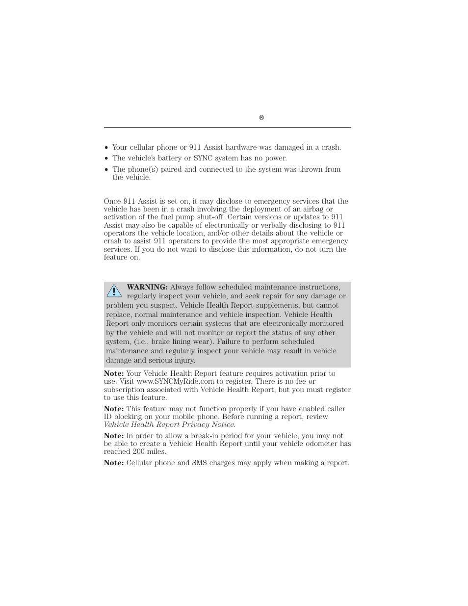 911 assist may not work if, 911 assist privacy notice, Vehicle health report (if equipped, u.s. only) | Myford touch ா 99 | FORD 2012 Focus Electric User Manual | Page 99 / 380