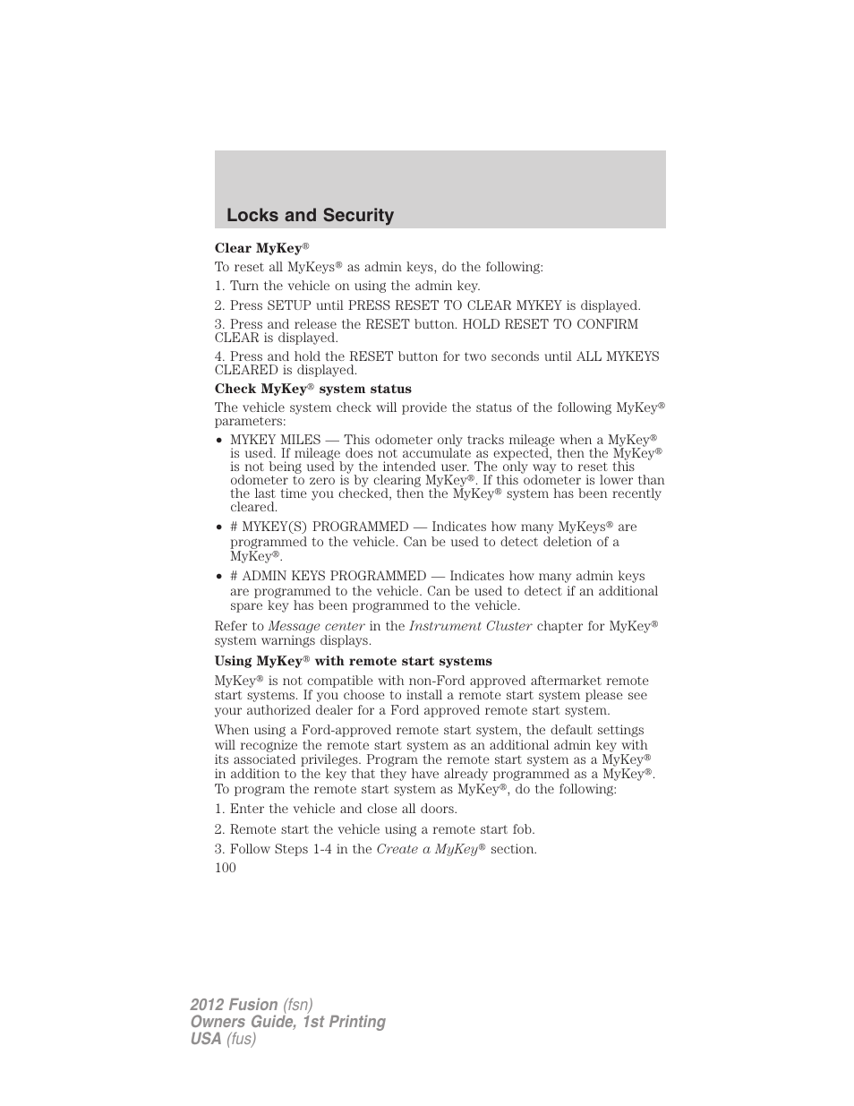 Locks and security | FORD 2012 Fusion v.1 User Manual | Page 100 / 375