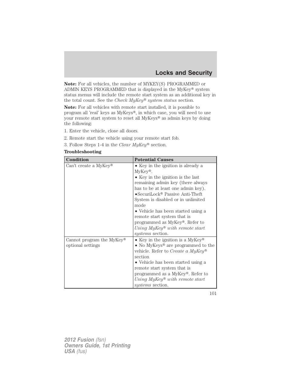 Locks and security | FORD 2012 Fusion v.1 User Manual | Page 101 / 375