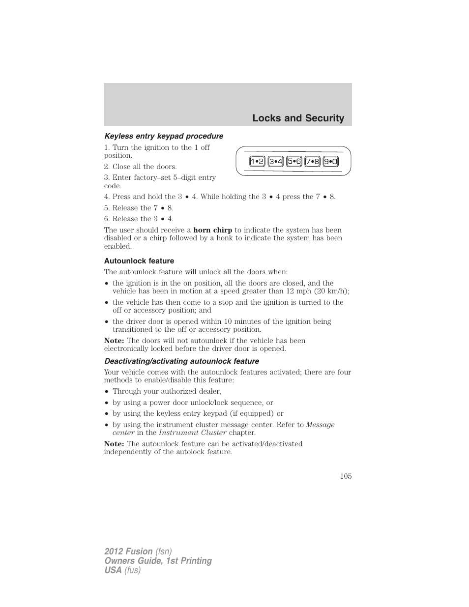 Keyless entry keypad procedure, Autounlock feature, Deactivating/activating autounlock feature | Locks and security | FORD 2012 Fusion v.1 User Manual | Page 105 / 375