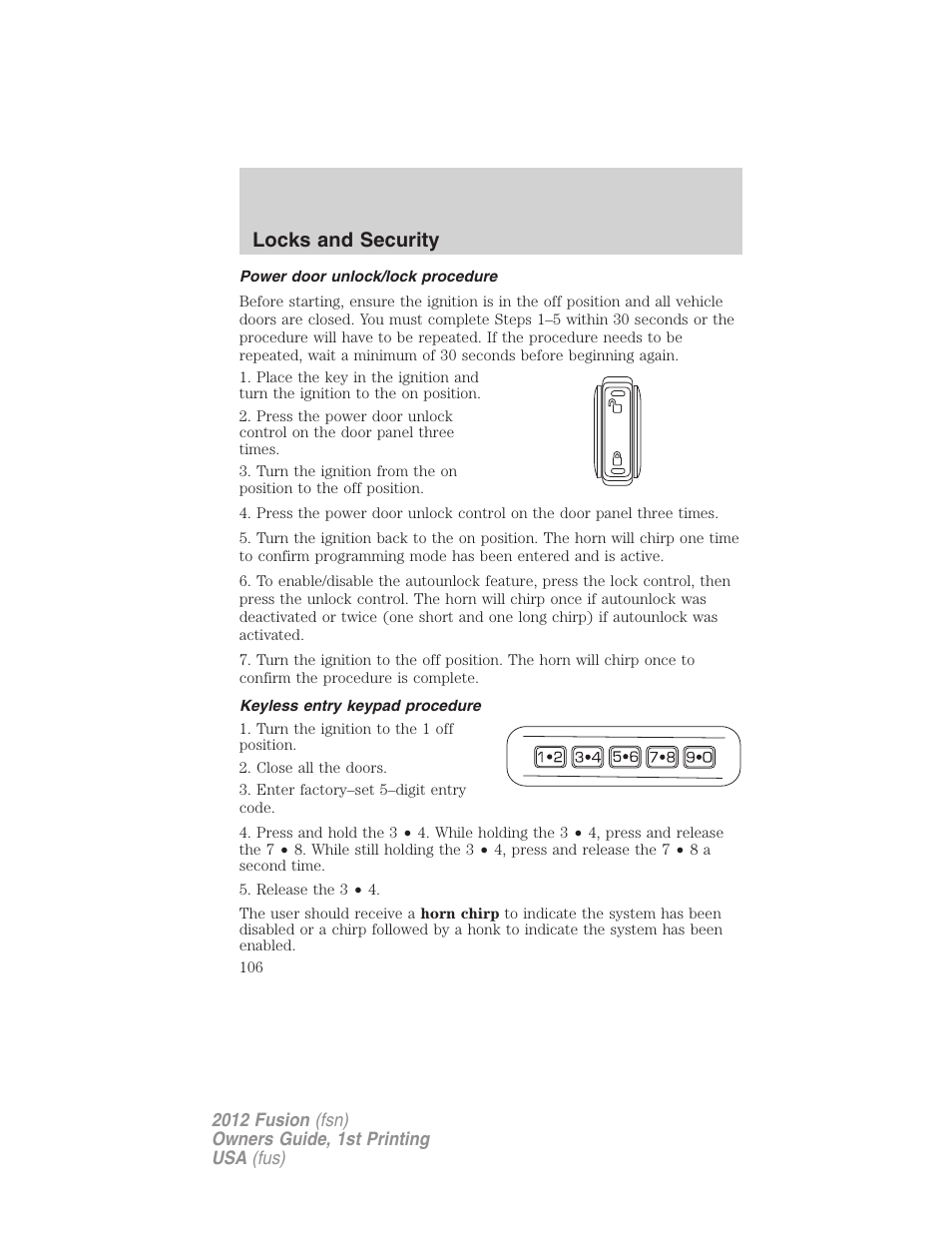 Power door unlock/lock procedure, Keyless entry keypad procedure, Locks and security | FORD 2012 Fusion v.1 User Manual | Page 106 / 375