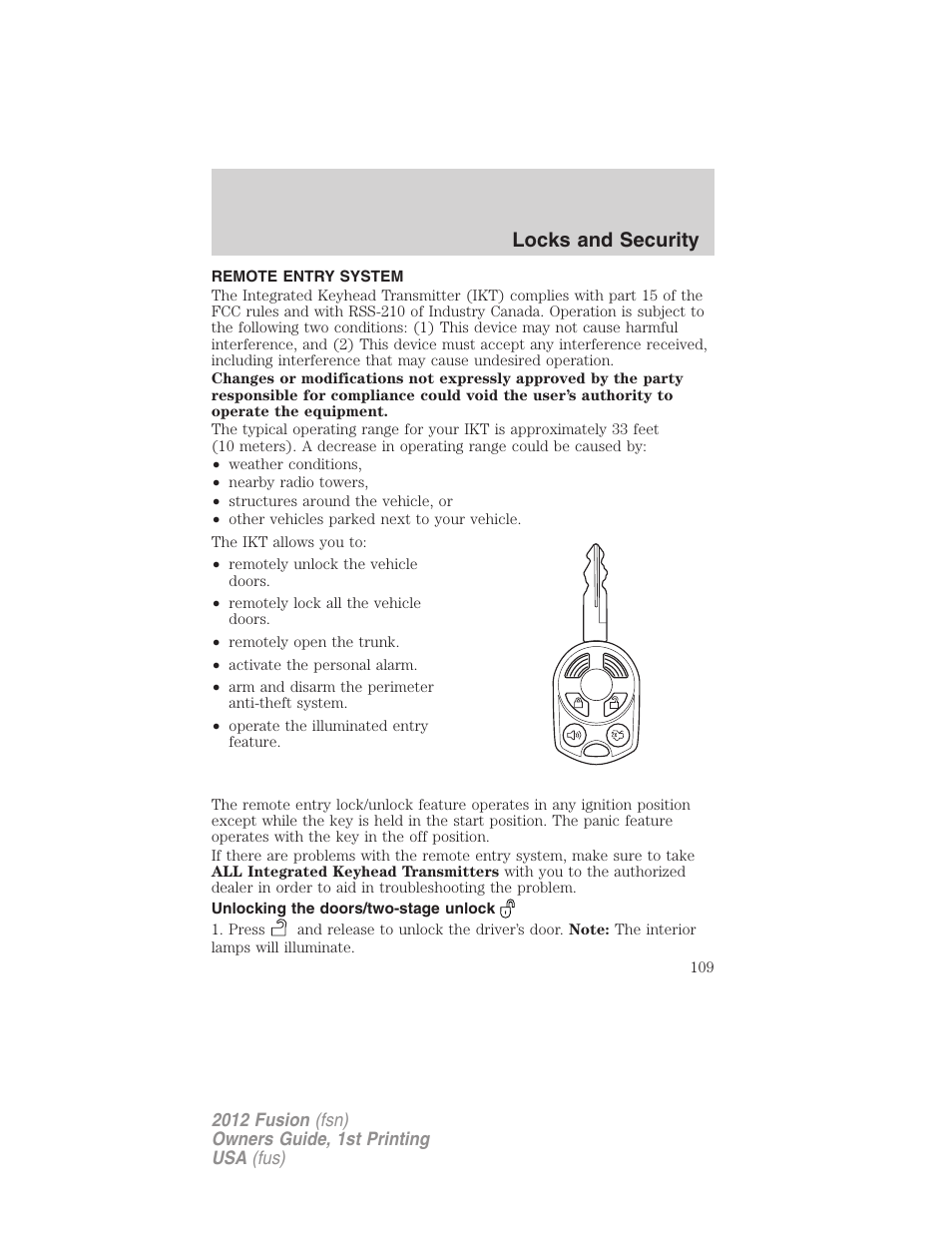 Remote entry system, Unlocking the doors/two-stage unlock, Locks and security | FORD 2012 Fusion v.1 User Manual | Page 109 / 375