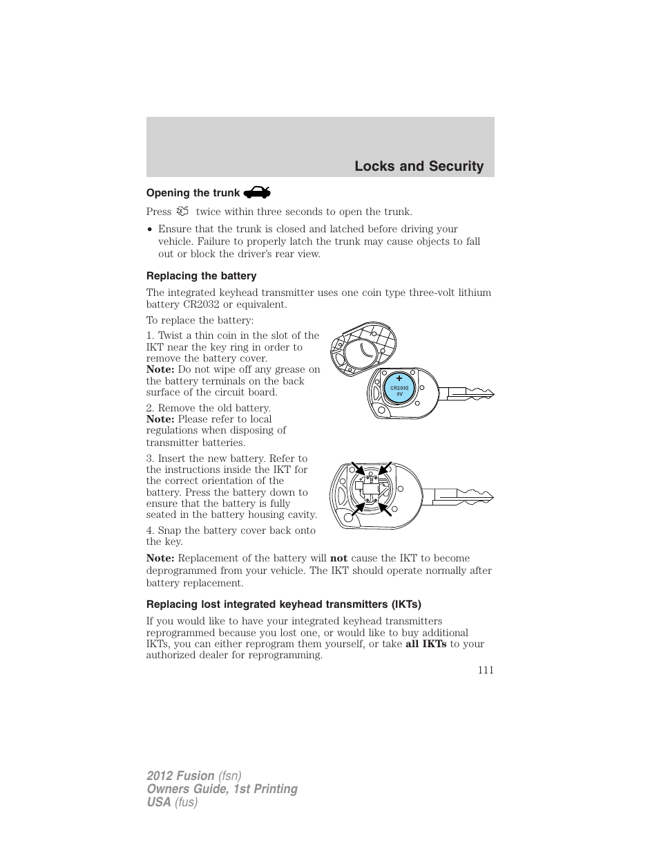 Opening the trunk, Replacing the battery, Locks and security | FORD 2012 Fusion v.1 User Manual | Page 111 / 375