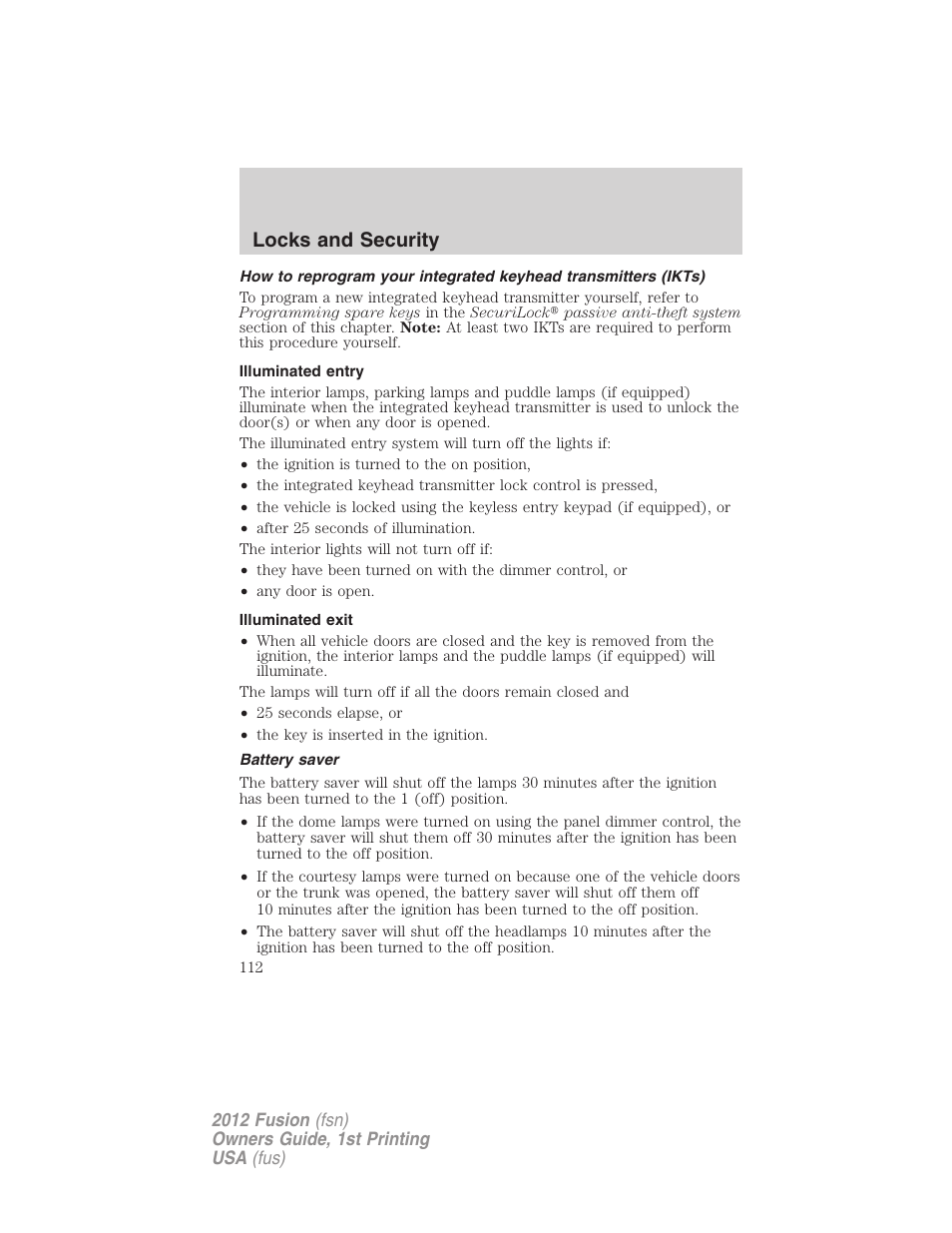 Illuminated entry, Illuminated exit, Battery saver | Locks and security | FORD 2012 Fusion v.1 User Manual | Page 112 / 375