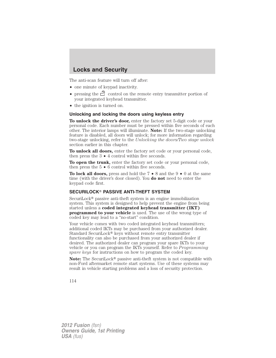 Securilock passive anti-theft system, Anti-theft system, Locks and security | FORD 2012 Fusion v.1 User Manual | Page 114 / 375