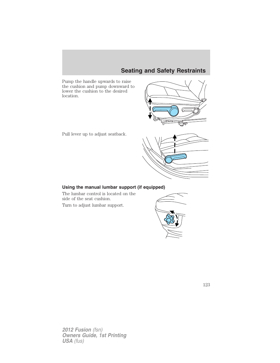 Using the manual lumbar support (if equipped), Seating and safety restraints | FORD 2012 Fusion v.1 User Manual | Page 123 / 375