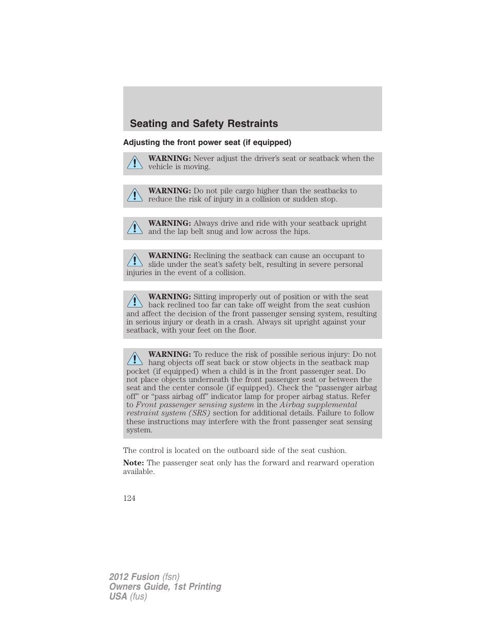 Adjusting the front power seat (if equipped), Seating and safety restraints | FORD 2012 Fusion v.1 User Manual | Page 124 / 375