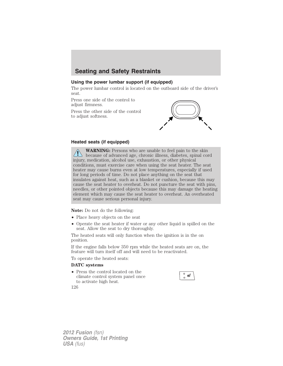 Using the power lumbar support (if equipped), Heated seats (if equipped), Seating and safety restraints | FORD 2012 Fusion v.1 User Manual | Page 126 / 375
