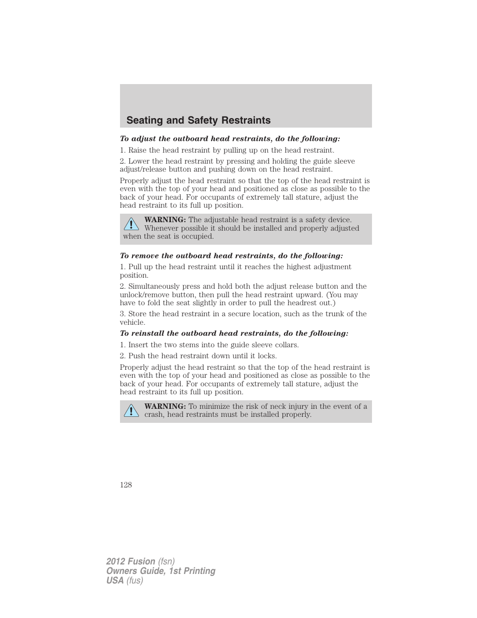 Seating and safety restraints | FORD 2012 Fusion v.1 User Manual | Page 128 / 375