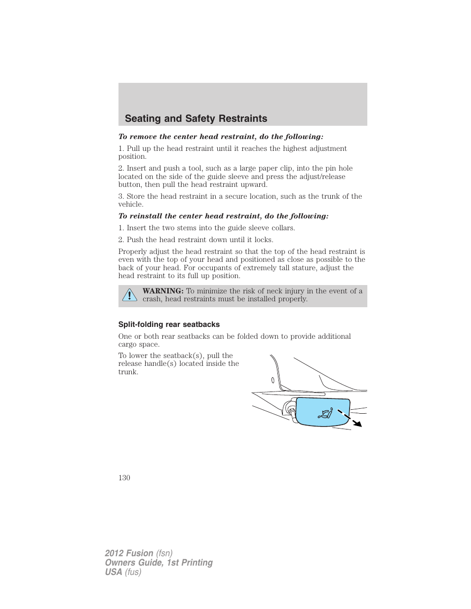 Split-folding rear seatbacks, Seating and safety restraints | FORD 2012 Fusion v.1 User Manual | Page 130 / 375
