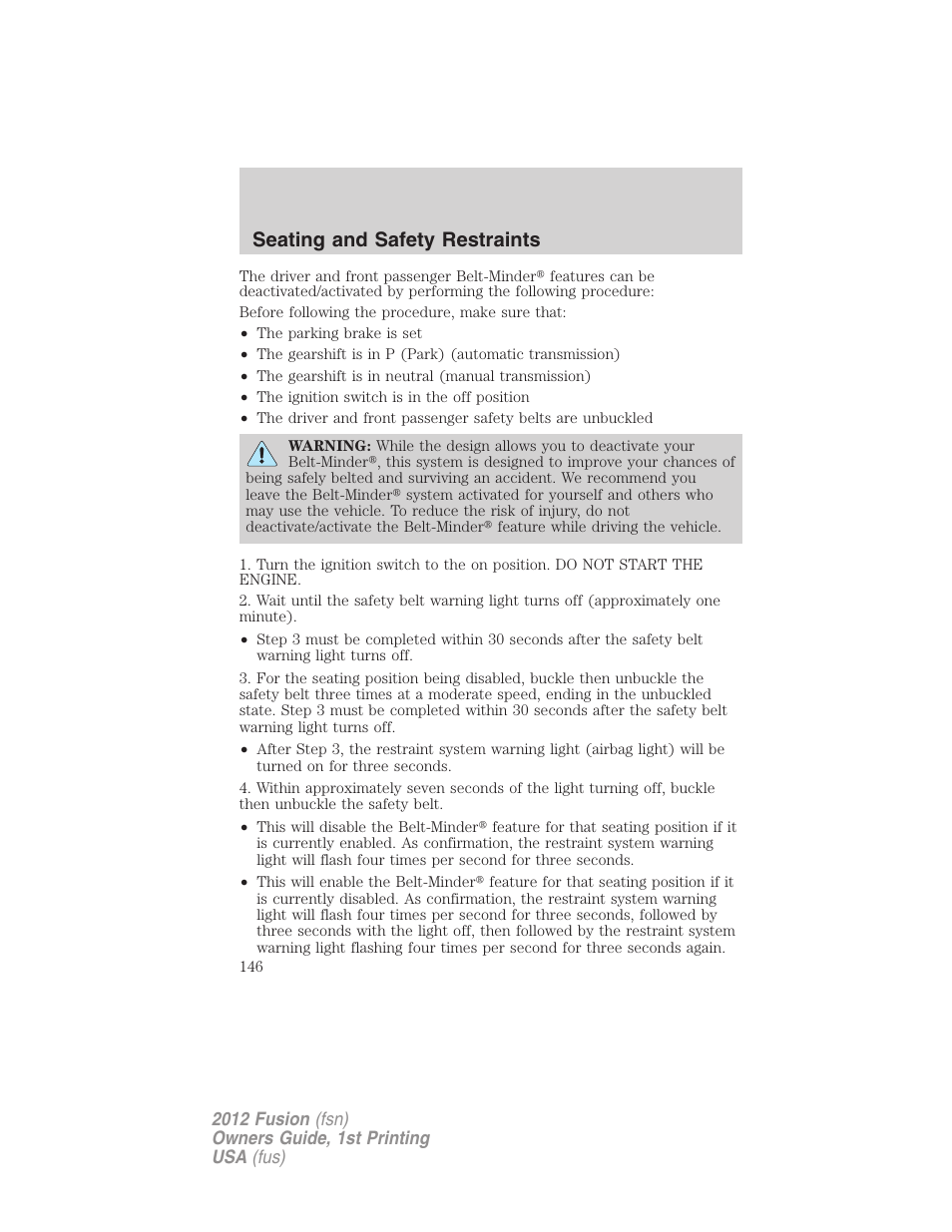 Seating and safety restraints | FORD 2012 Fusion v.1 User Manual | Page 146 / 375