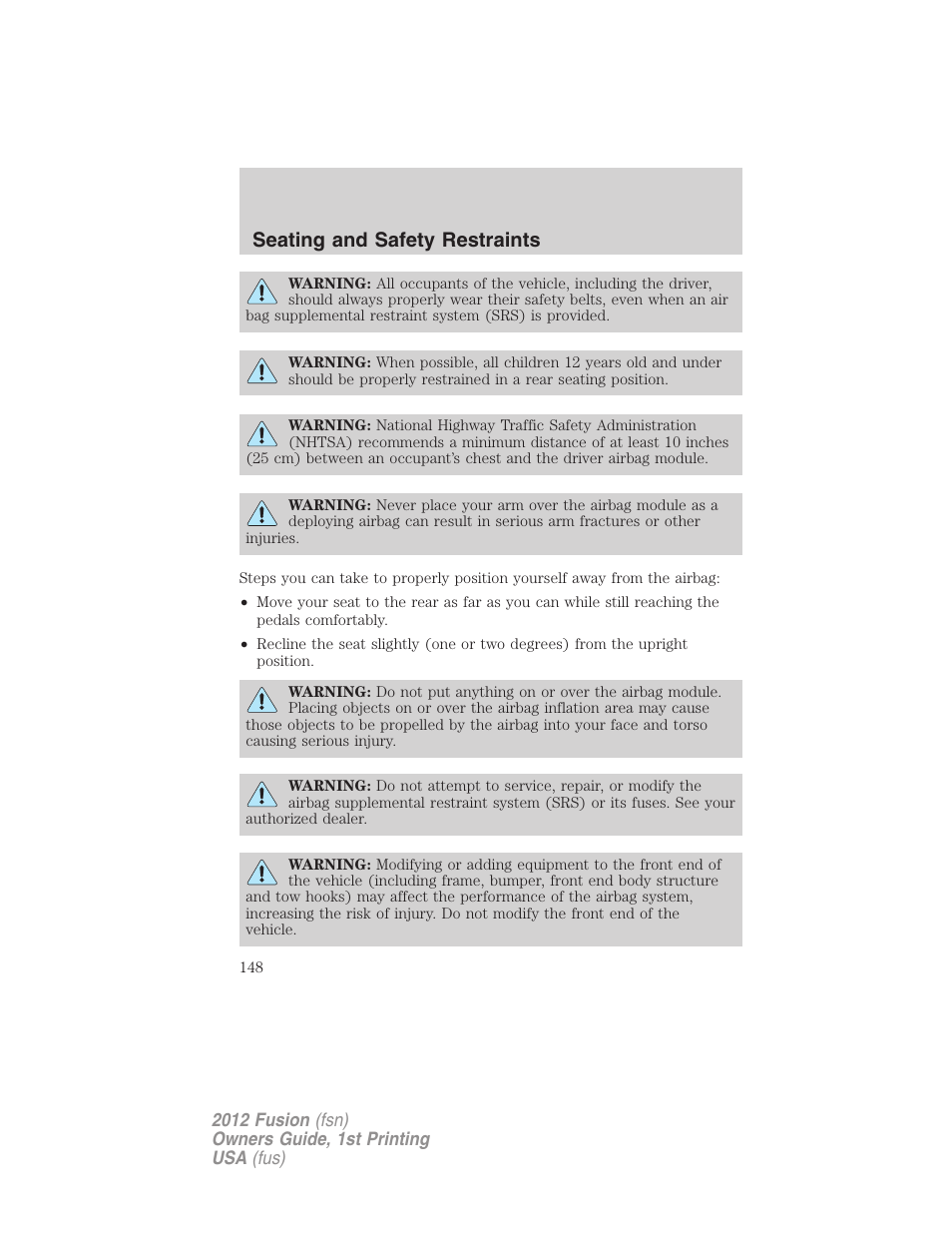 Seating and safety restraints | FORD 2012 Fusion v.1 User Manual | Page 148 / 375