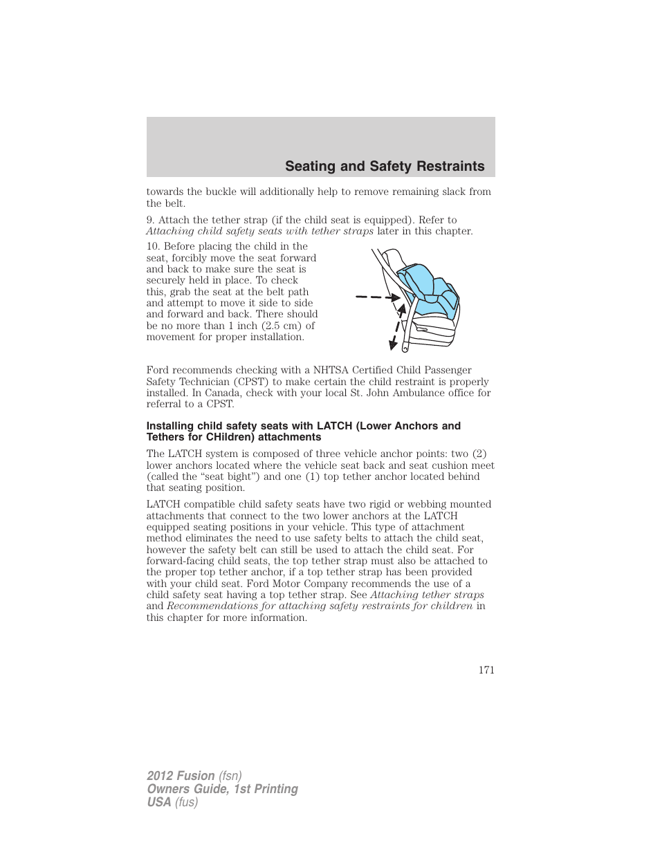 Seating and safety restraints | FORD 2012 Fusion v.1 User Manual | Page 171 / 375