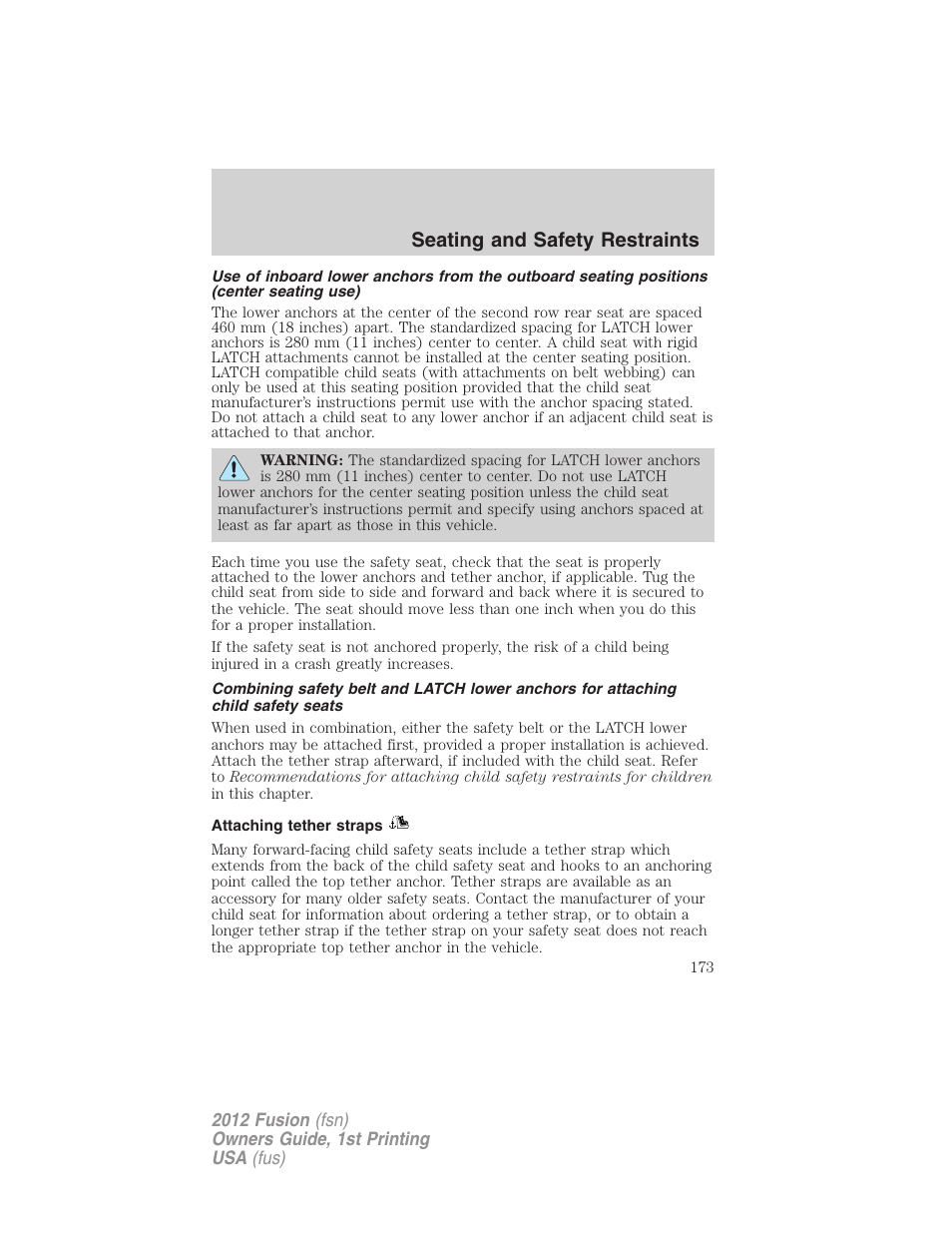 Attaching tether straps, Seating and safety restraints | FORD 2012 Fusion v.1 User Manual | Page 173 / 375