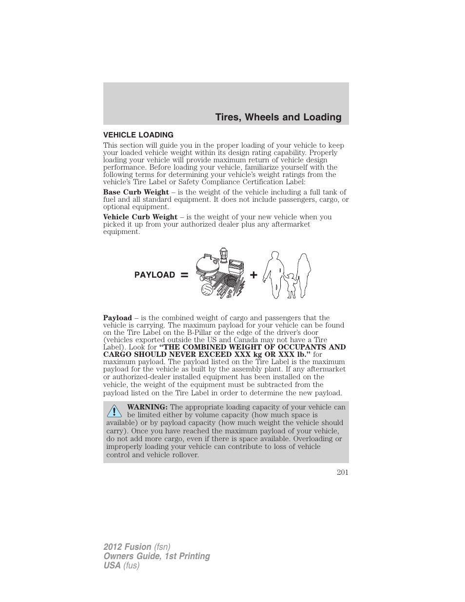 Vehicle loading, Tires, wheels and loading | FORD 2012 Fusion v.1 User Manual | Page 201 / 375